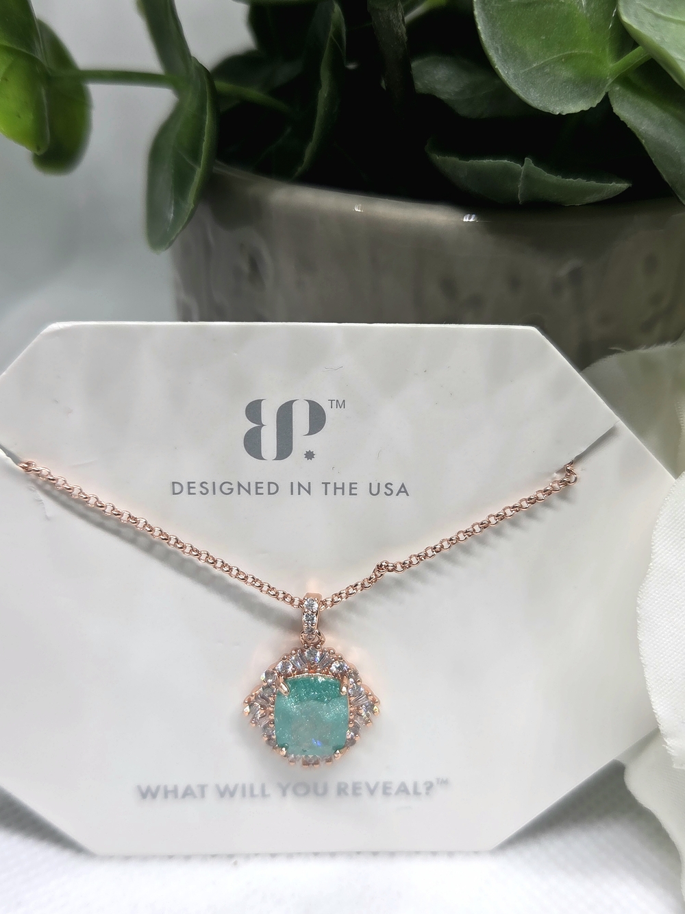 BP Rose Gold Necklace with Emerald Ice Crystal and Halo Accent